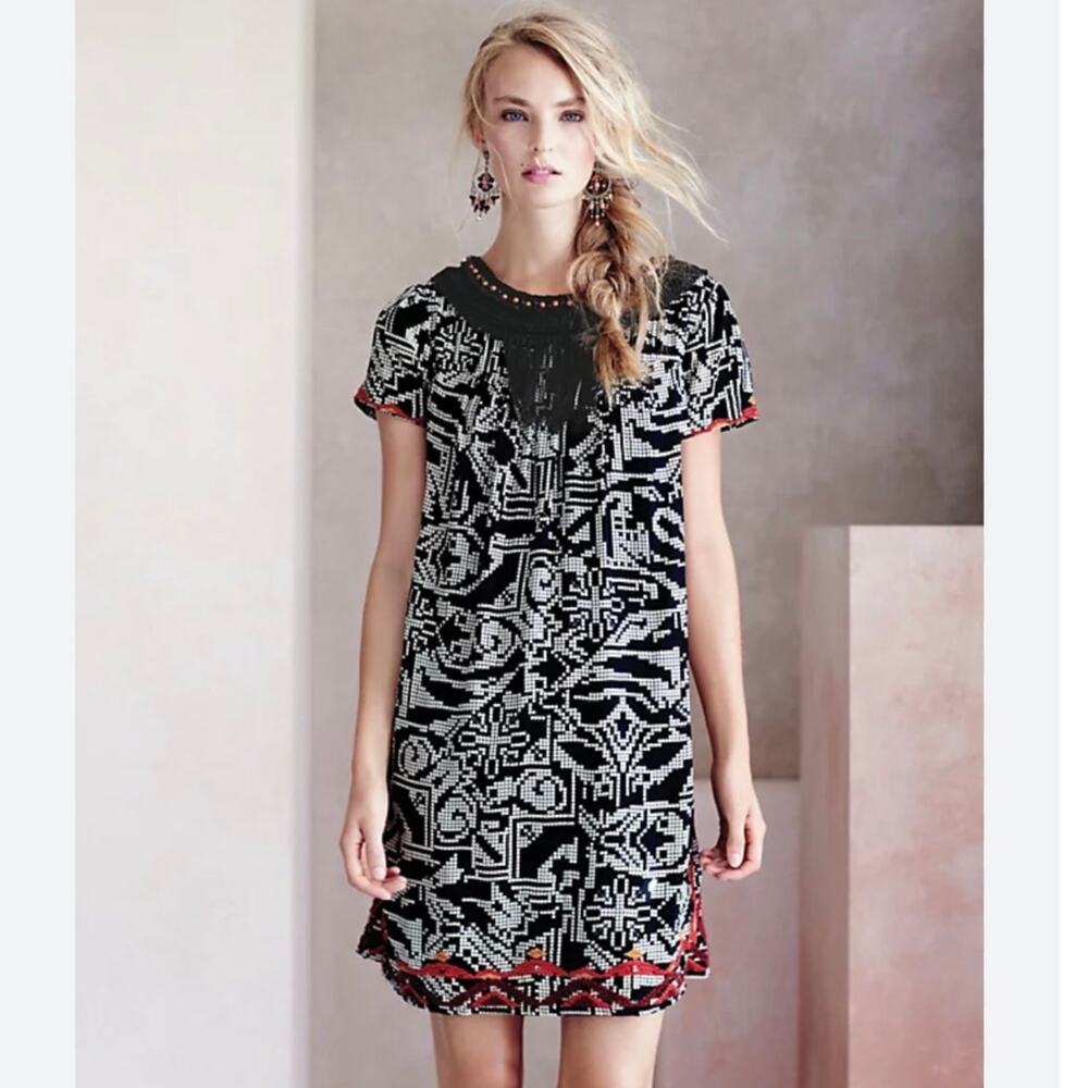 Floreat Anthropologie Black Fringe Crochet Beaded Embroidered Mini Dress Boho